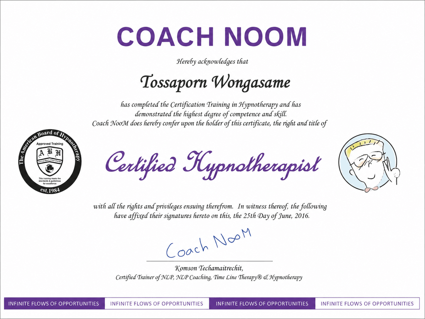 ประกาศนียบัตร Master Practitioner of Hypnotherapy จาก The American Board of Hypnotherapy ของหมอทศ HypnoDestiny