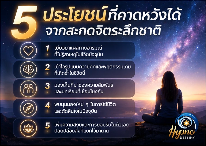 5 ประโยชน์ที่คาดหวังได้จากสะกดจิตระลึกชาติ ทั้งการสำรวจอารมณ์ ความสัมพันธ์ มุมมอง และความหมายภายใน