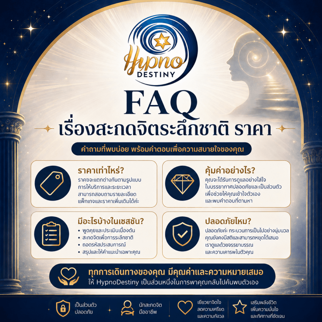 FAQ เรื่องสะกดจิตระลึกชาติ ราคา คำถามเรื่อง QHHT จำนวนครั้ง ใบเสร็จ มัดจำ และเงื่อนไขการชำระเงิน