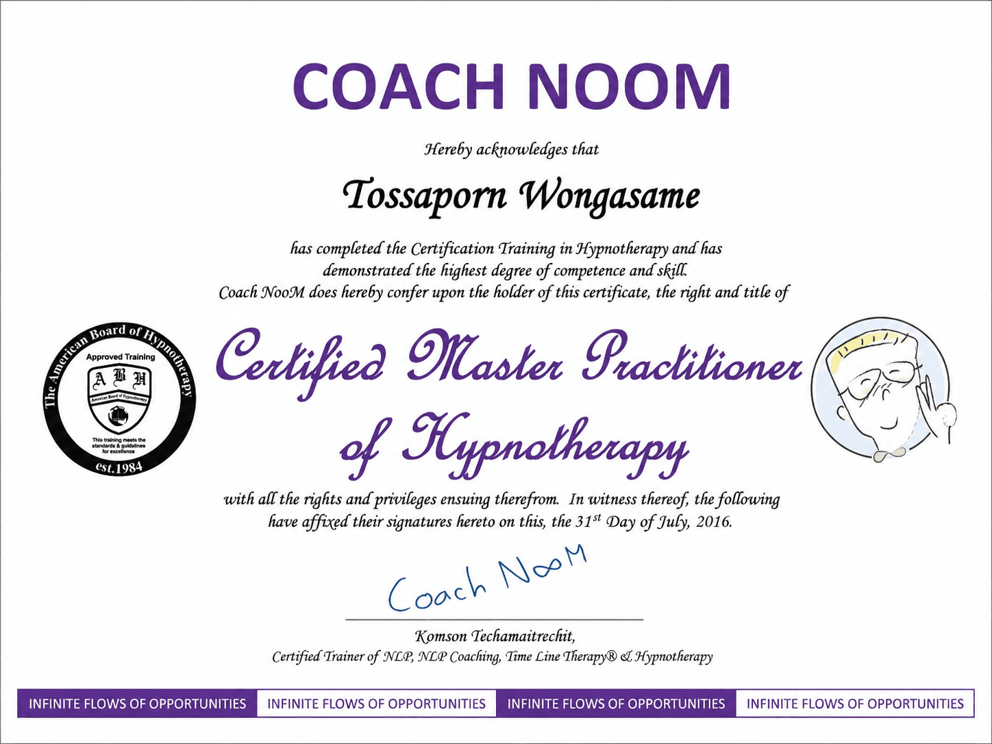 ประกาศนียบัตร Hypnotherapist จาก The American Board of Hypnotherapy ของหมอทศ HypnoDestiny