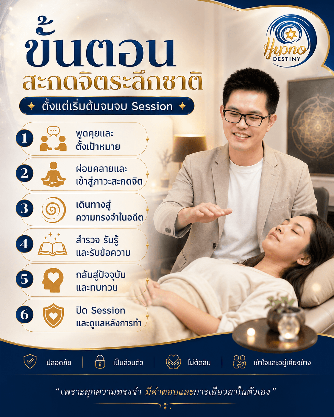 ขั้นตอนสะกดจิตระลึกชาติ ตั้งแต่ Pre-talk การผ่อนคลาย การสำรวจประสบการณ์ จนถึงจบ Session