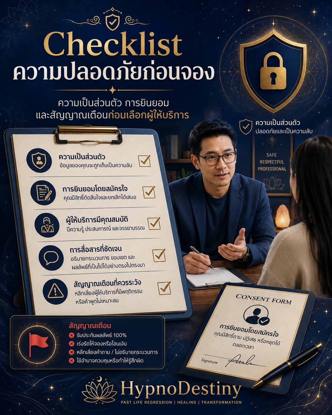 Checklist ความปลอดภัยก่อนจองสะกดจิตระลึกชาติ ความเป็นส่วนตัว การยินยอม และสัญญาณเตือน