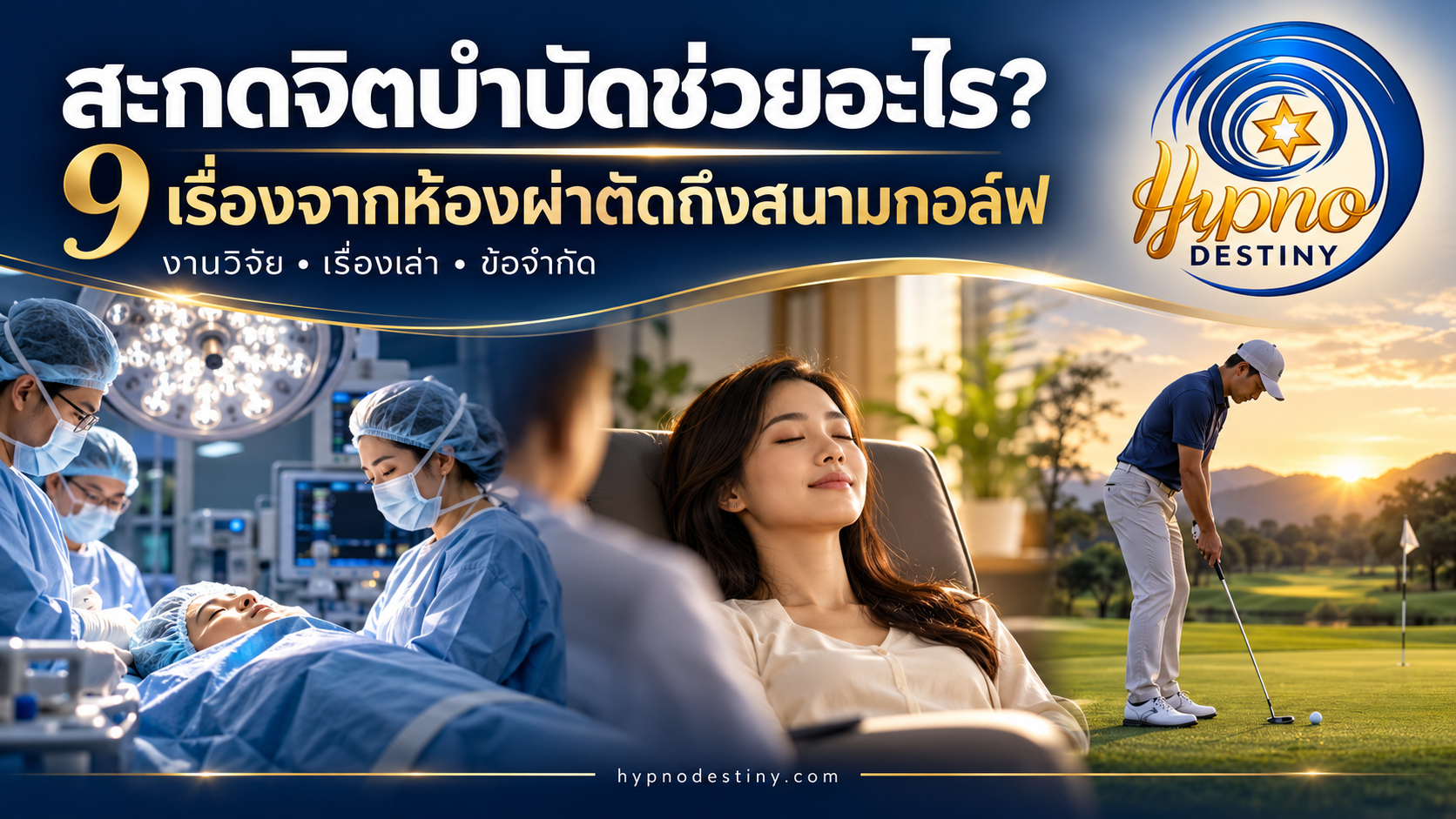 ภาพประกอบสะกดจิตบำบัดช่วยอะไร แสดงทีมแพทย์ในห้องผ่าตัด ผู้หญิงผ่อนคลายระหว่างเซสชัน และนักกอล์ฟกำลังพัตต์ พร้อมโลโก้ HypnoDestiny