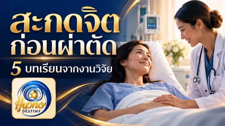 ภาพประกอบผู้ป่วยหญิงบนเตียงกับบุคลากรทางการแพทย์ พร้อมหัวข้อสะกดจิตก่อนผ่าตัด