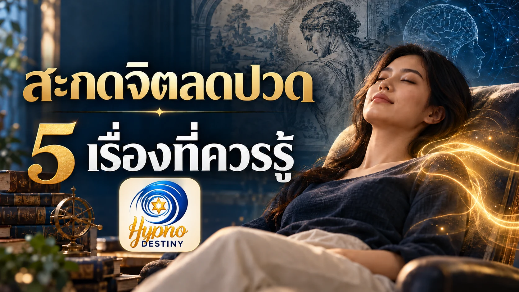 ภาพประกอบผู้หญิงเอนพักอย่างผ่อนคลาย พร้อมหัวข้อสะกดจิตลดปวด 5 เรื่องที่ควรรู้